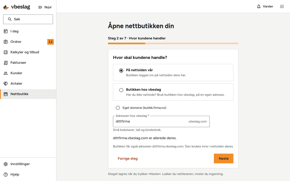 Siden «Åpne nettbutikken din» med steget «Hvor skal kundene handle?».
